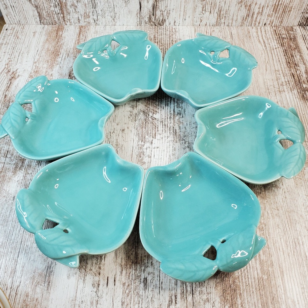 Vintage Hoenig Of California Pottery Turquoise Apple Dishes Bowls Set Of 6 #734